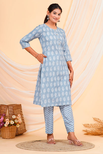 Sky Blue Floral Print Straight-Cut Cotton Kurta Palazzo Set for Women – 100% Cambric Cotton