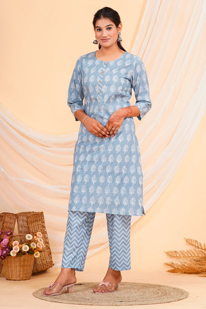 Sky Blue Floral Print Straight-Cut Cotton Kurta Palazzo Set for Women – 100% Cambric Cotton