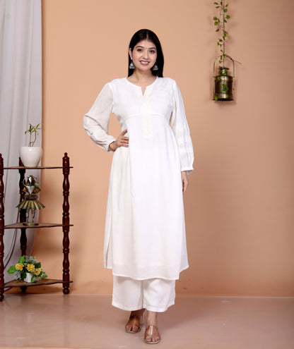 Sakura White Embroidered Viscose Rayon Crepe Kurta Set for Women | 100% Cotton Lined Ethnic Wear for Festive & Casual Occasions