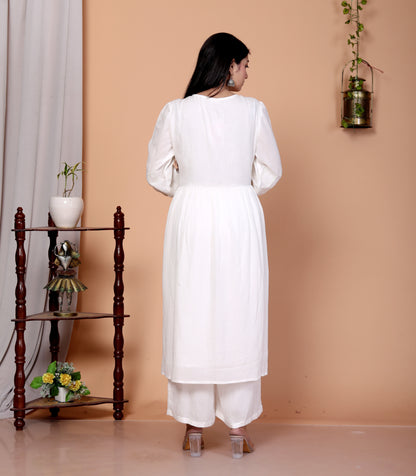 Sakura White Embroidered Viscose Rayon Crepe Kurta Set for Women | 100% Cotton Lined Ethnic Wear for Festive & Casual Occasions