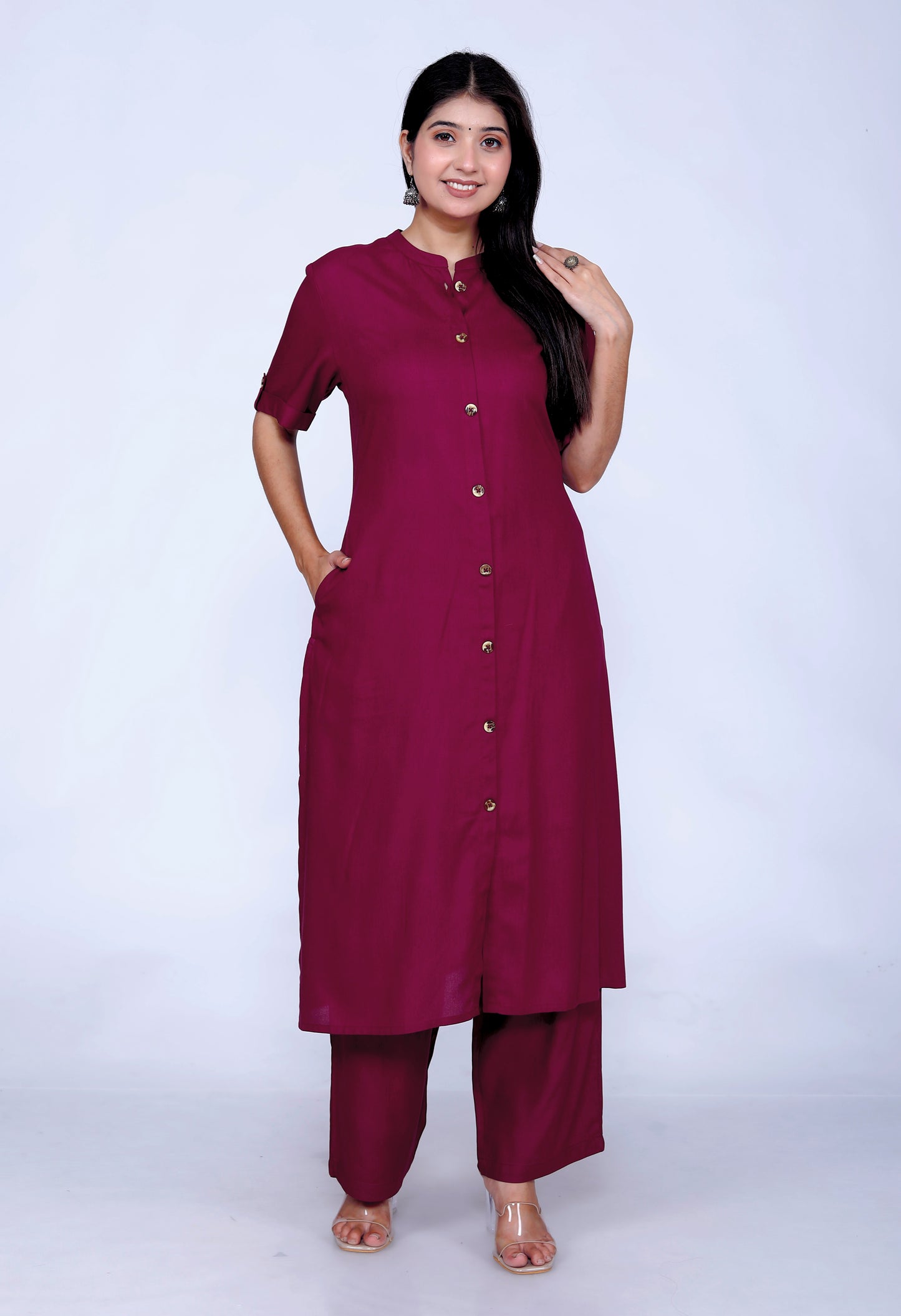 Sakura Wine Co-Ord Set with Pocket Kurta & Palazzo