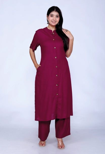 Sakura Wine Co-Ord Set with Pocket Kurta & Palazzo