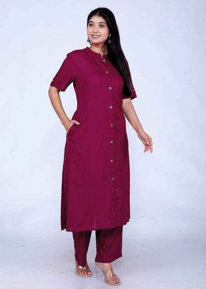 Sakura Wine Co-Ord Set with Pocket Kurta & Palazzo