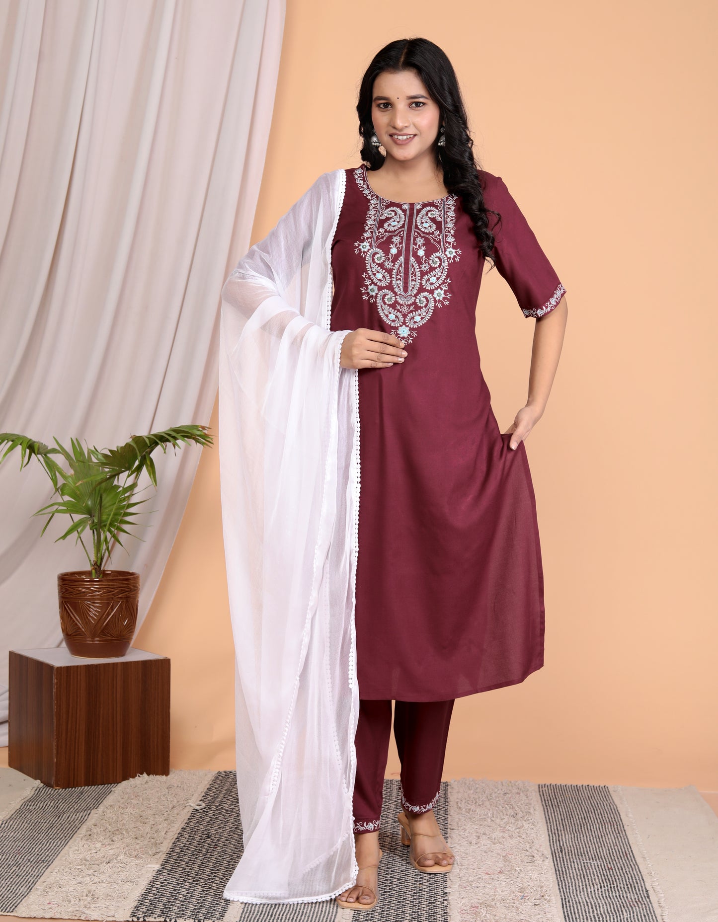 Wine Rayon Embroidered Kurta Set with Dupatta - Sakura