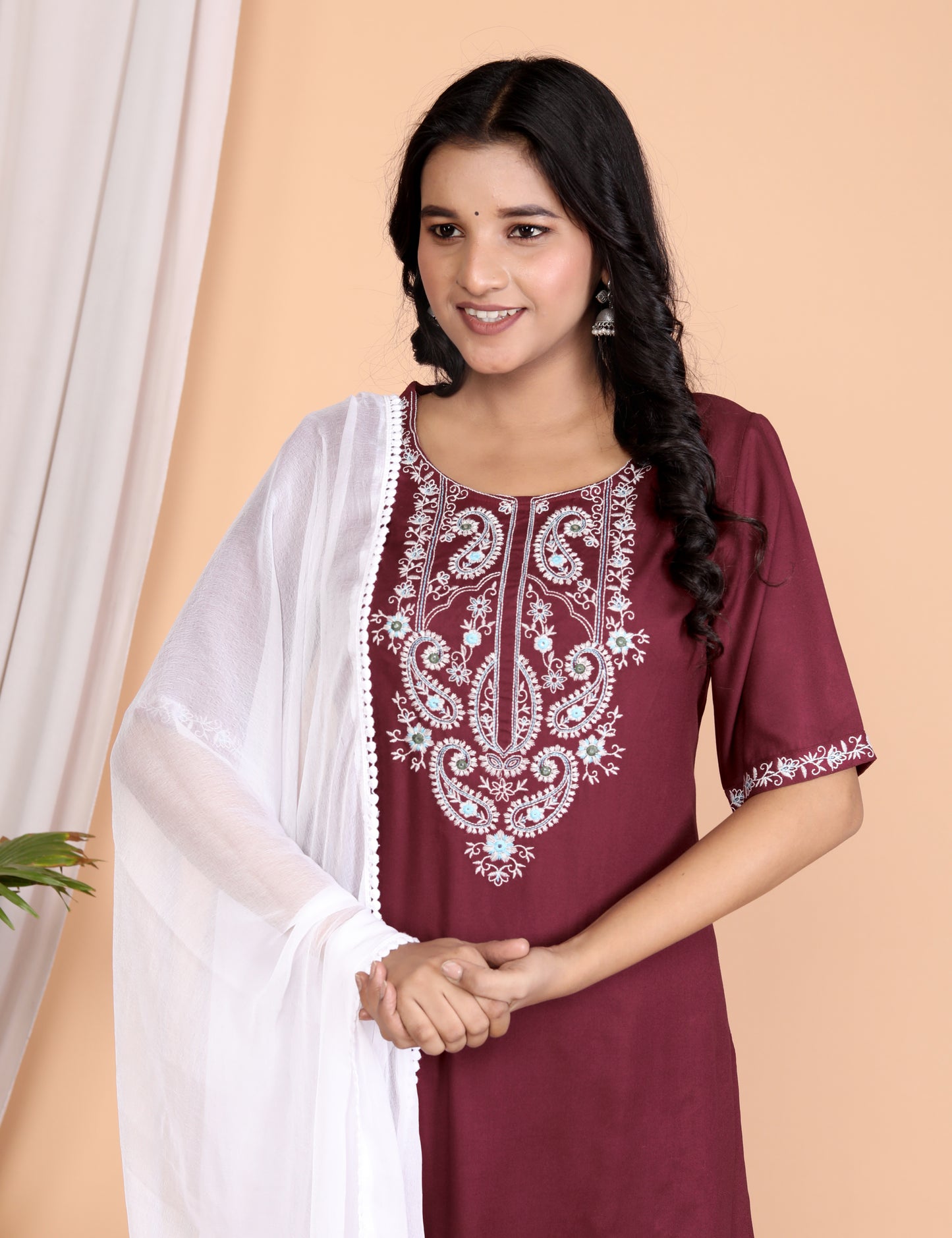 Wine Rayon Embroidered Kurta Set with Dupatta - Sakura