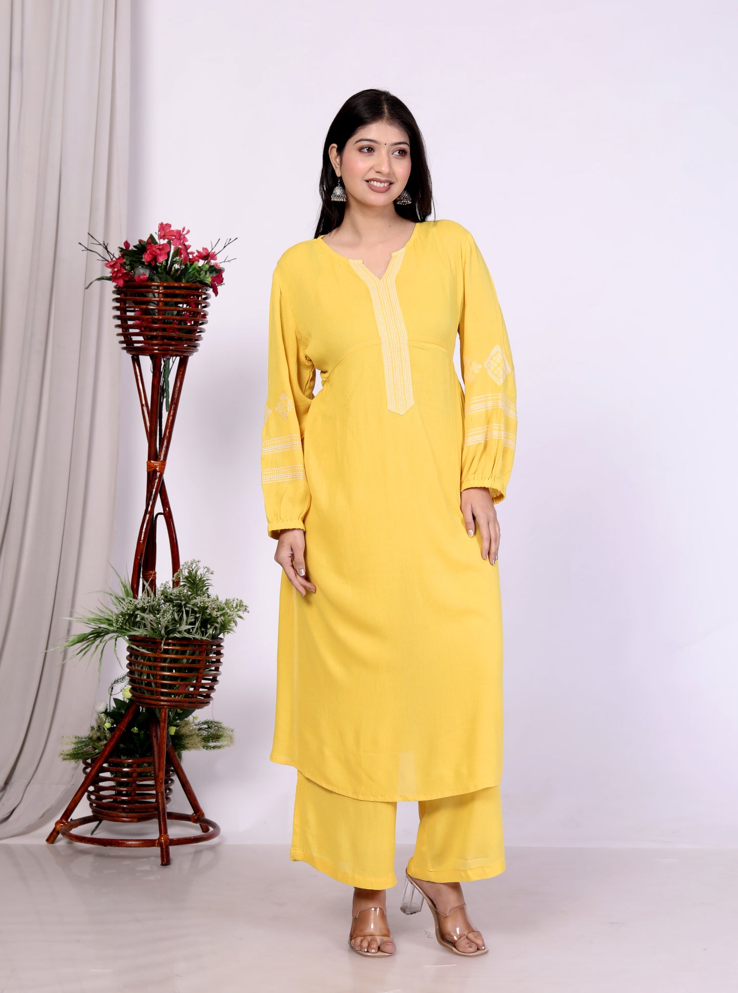 Sakura Yellow Embroidered Viscose Rayon Crepe Kurta Set for Women | Ethnic Wear for Festive & Casual Occasions