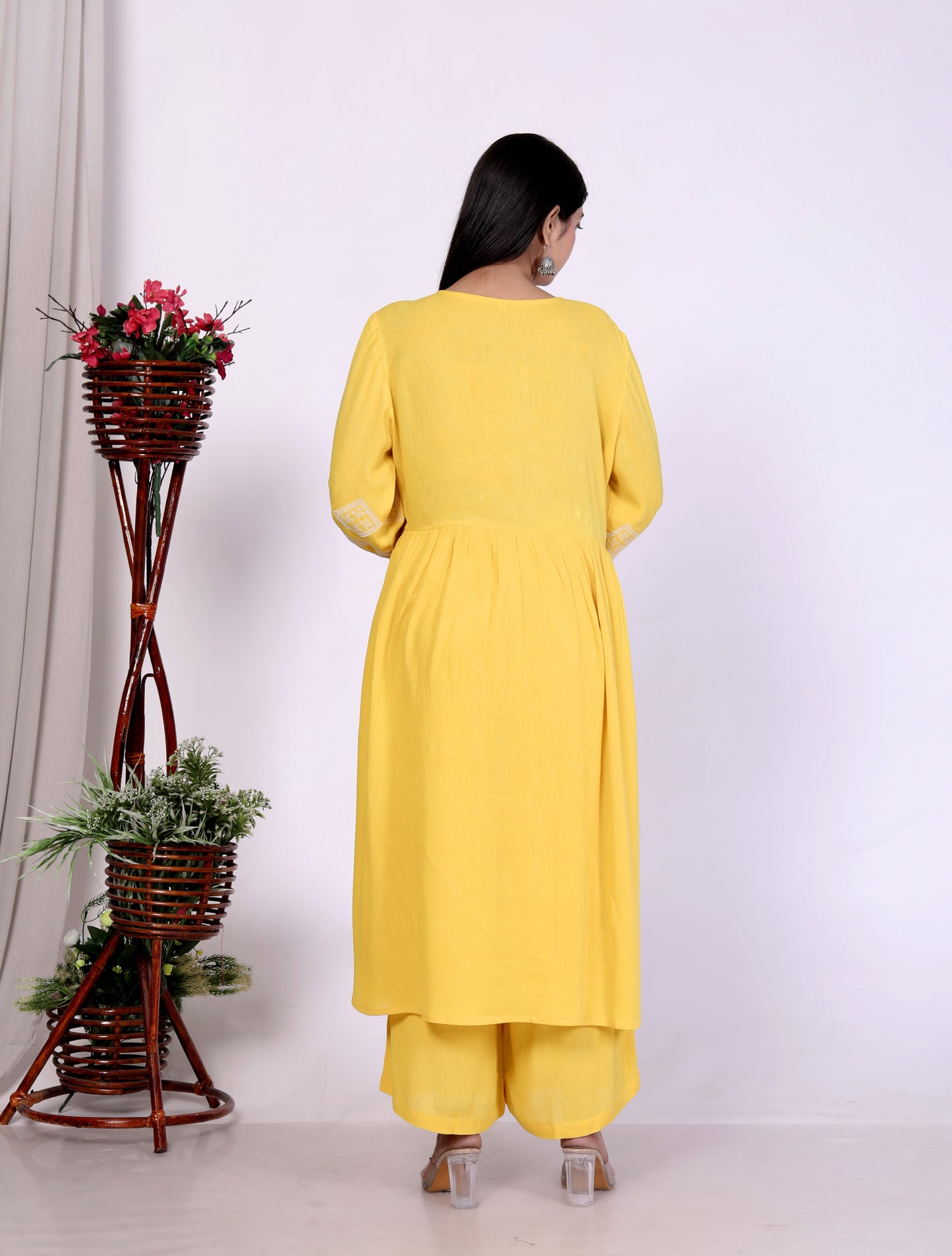 Sakura Yellow Embroidered Viscose Rayon Crepe Kurta Set for Women | Ethnic Wear for Festive & Casual Occasions