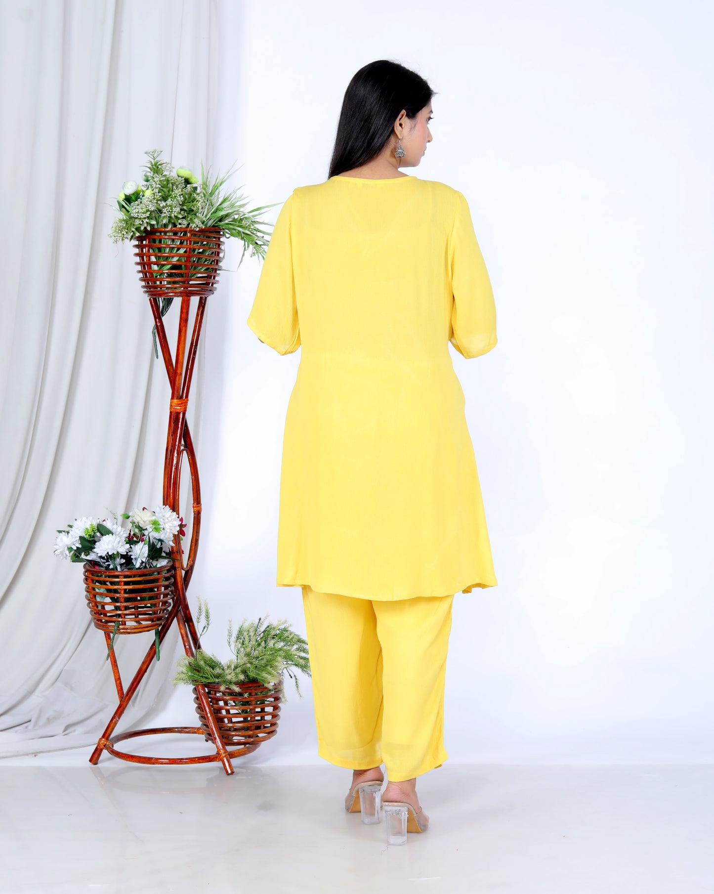 Elegant Two-Piece Set – Yellow Liva Rayon Crepe with Lace Neckline