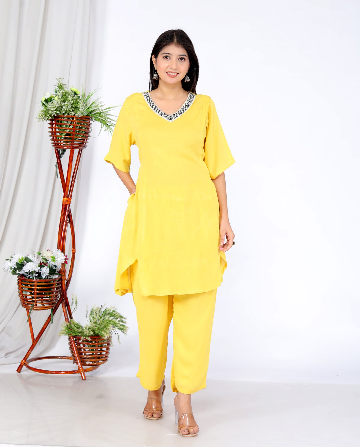 Elegant Two-Piece Set – Yellow Liva Rayon Crepe with Lace Neckline