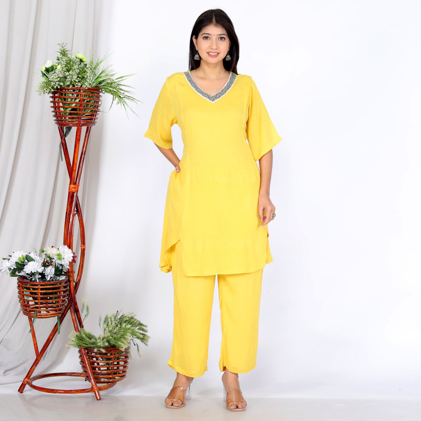 Elegant Two-Piece Set – Yellow Liva Rayon Crepe with Lace Neckline