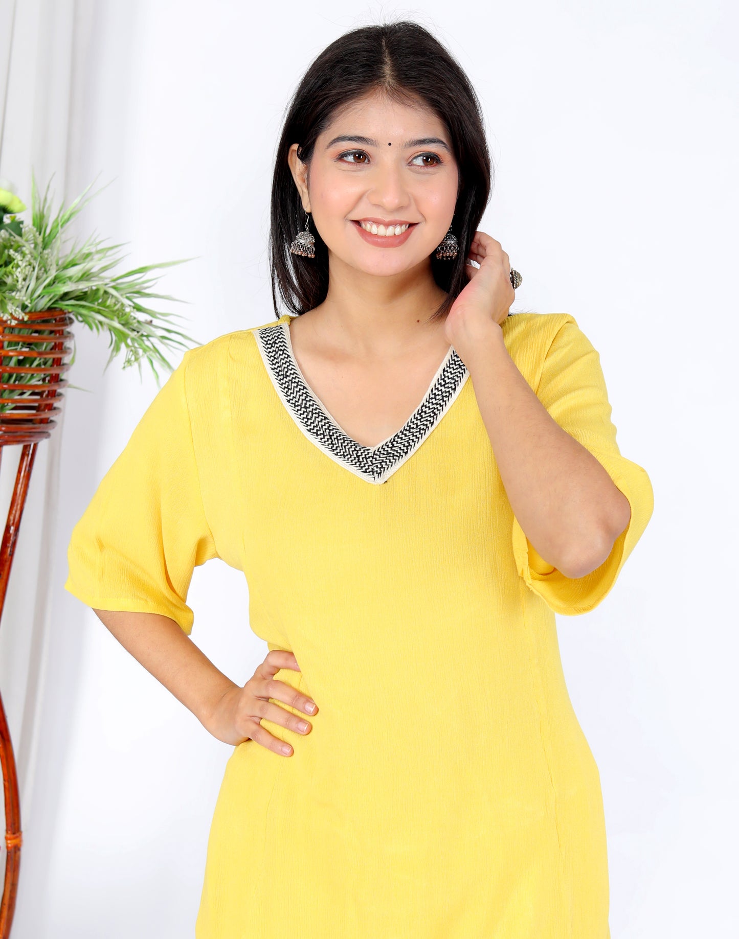 Elegant Two-Piece Set – Yellow Liva Rayon Crepe with Lace Neckline