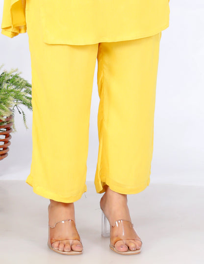 Elegant Two-Piece Set – Yellow Liva Rayon Crepe with Lace Neckline